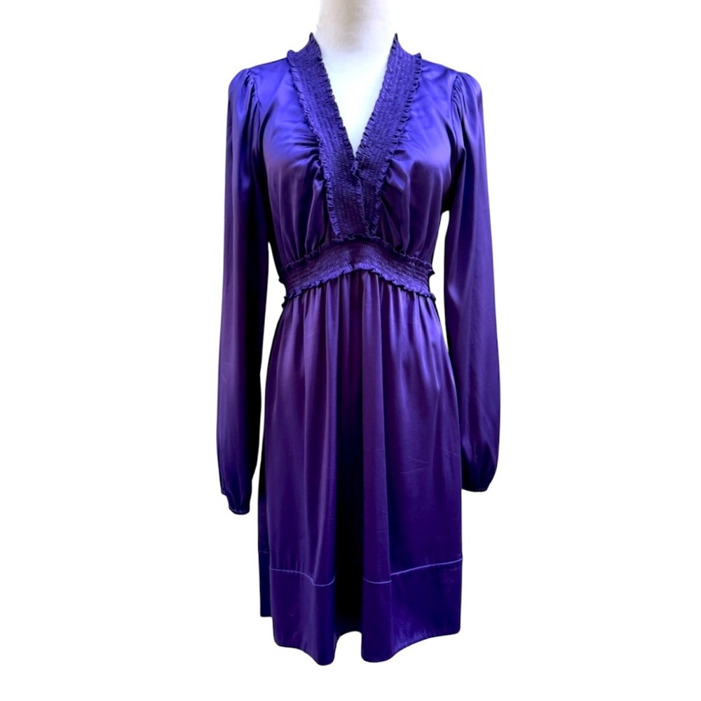 BCBGMaxAzria Persian blue silk V neck along sleeve dress size M - Picture 1 of 13